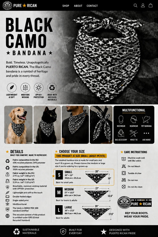 Pure⭐️Rican Black Camo multifunctional bandana in small pet size featuring Puerto Rican inspired black and grey camo pattern with product features and sizing guide.