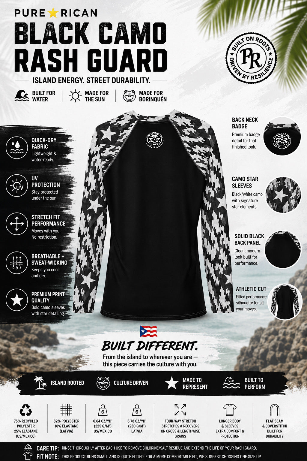 Pure⭐️Rican Black Camo Rash Guard back view featuring solid black back panel, black-and-white Puerto Rican camo sleeves with star elements, premium back neck badge detail, athletic fit, and performance swimwear construction.