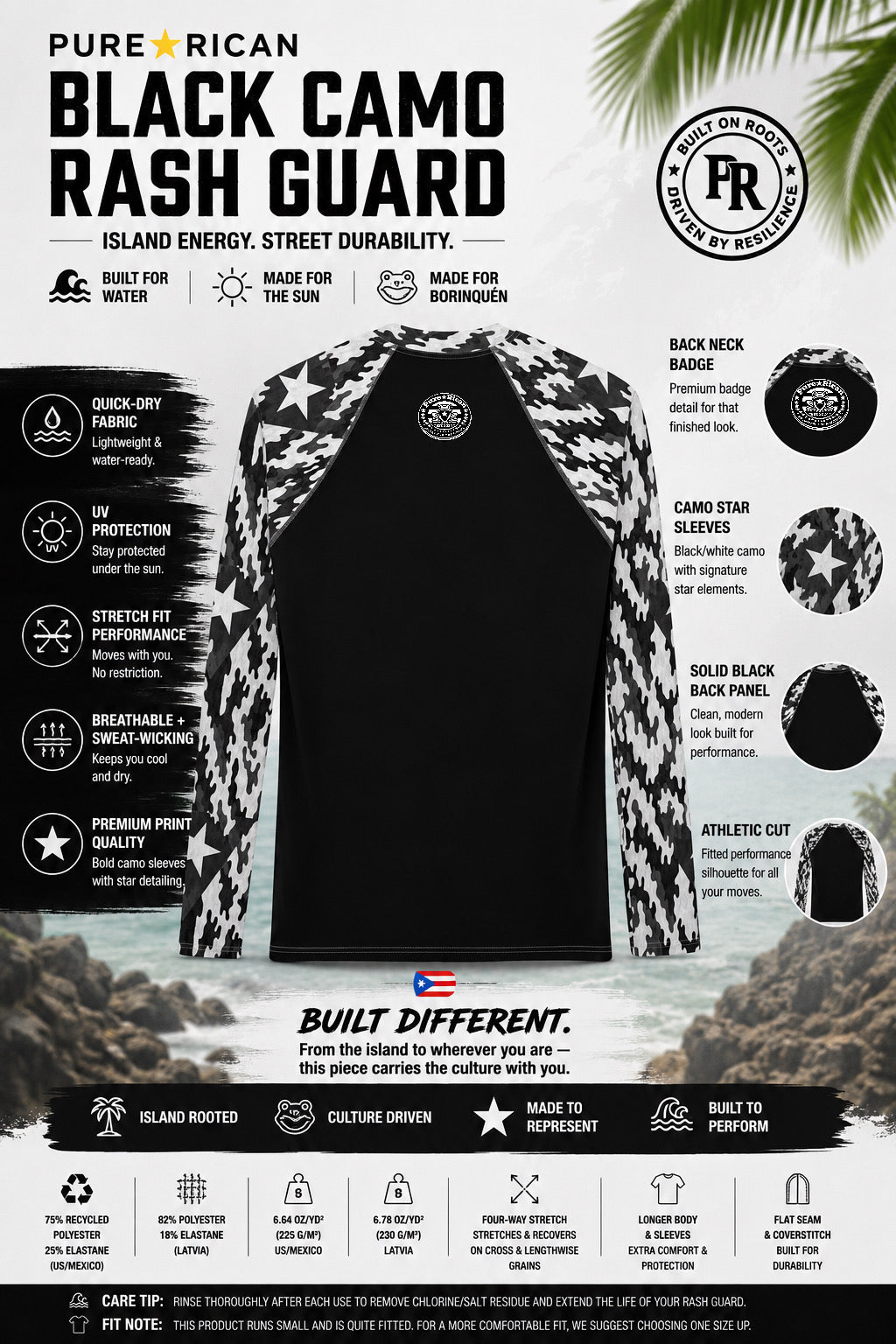 Flat back view of the Pure⭐️Rican Black Camo Rash Guard featuring solid black rear panel, Puerto Rican black-and-white camo sleeves with star details, premium back neck badge, breathable athletic fit, and quick-dry performance fabric.