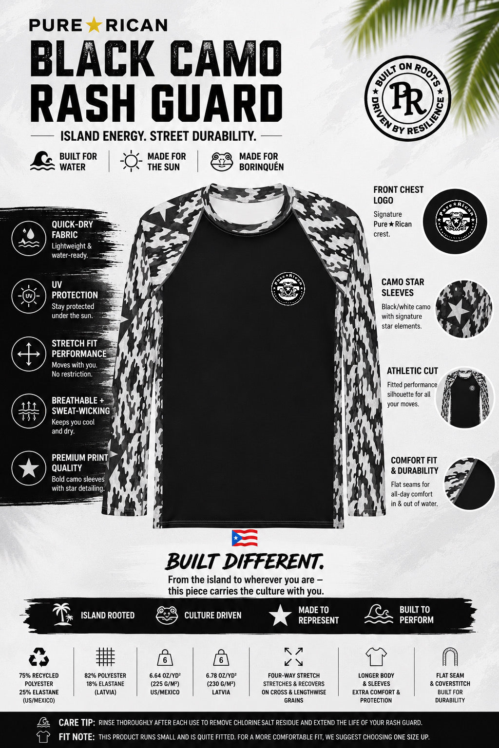 Flat front view of the Pure⭐️Rican Black Camo Rash Guard featuring clean black body, Puerto Rican-inspired black-and-white camo sleeves with star accents, front crest logo, stretch performance fit, and lightweight quick-dry material.