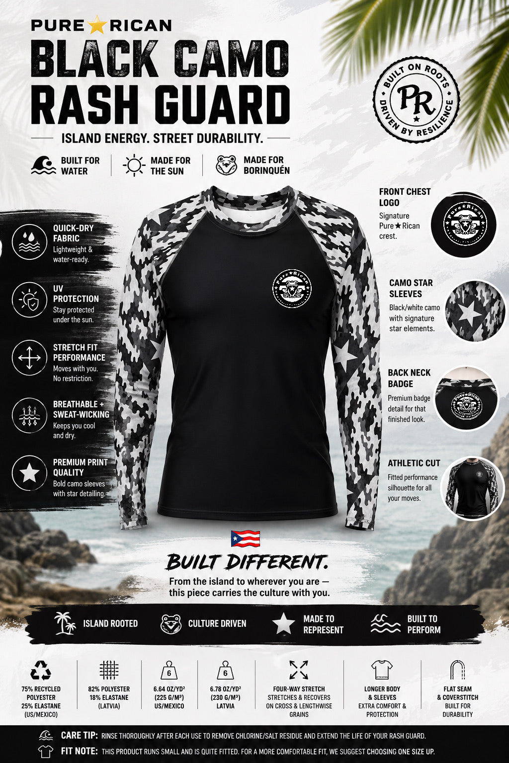 Pure⭐️Rican Black Camo Rash Guard front view featuring black body with black-and-white Puerto Rican camo star sleeves, front chest crest logo, quick-dry performance fabric, UV protection, athletic fit, and BORINQUÉN-inspired design details.