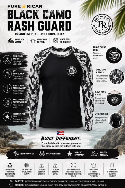 Pure⭐️Rican Black Camo Rash Guard front view featuring black body with black-and-white Puerto Rican camo star sleeves, front chest crest logo, quick-dry performance fabric, UV protection, athletic fit, and BORINQUÉN-inspired design details.
