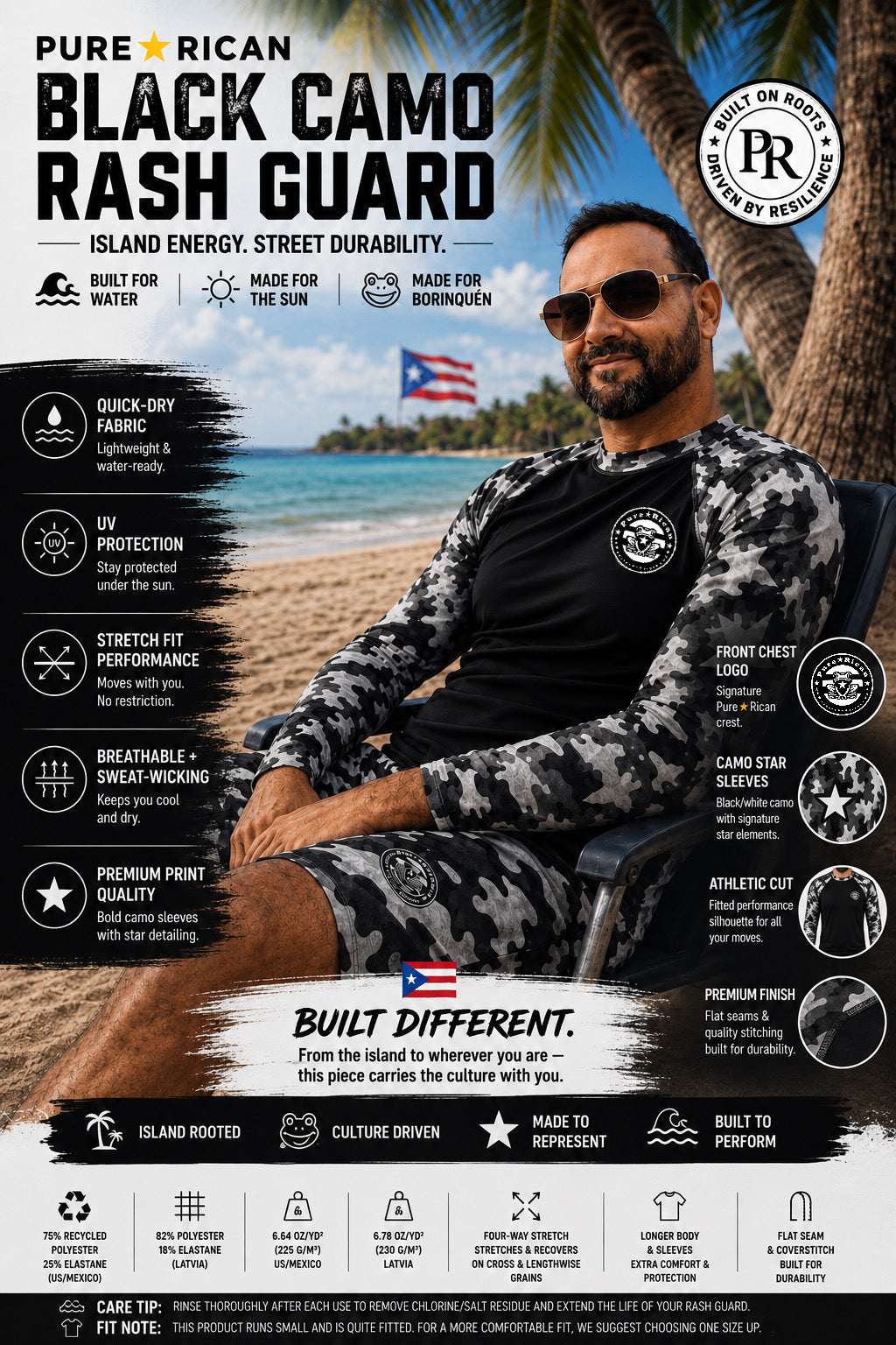 Model wearing the Pure⭐️Rican Black Camo Rash Guard and matching shorts while relaxing on a beach in Puerto Rico, featuring black-and-white camo star sleeves, front crest logo, tropical palm trees, ocean backdrop, and Puerto Rican island vibes.