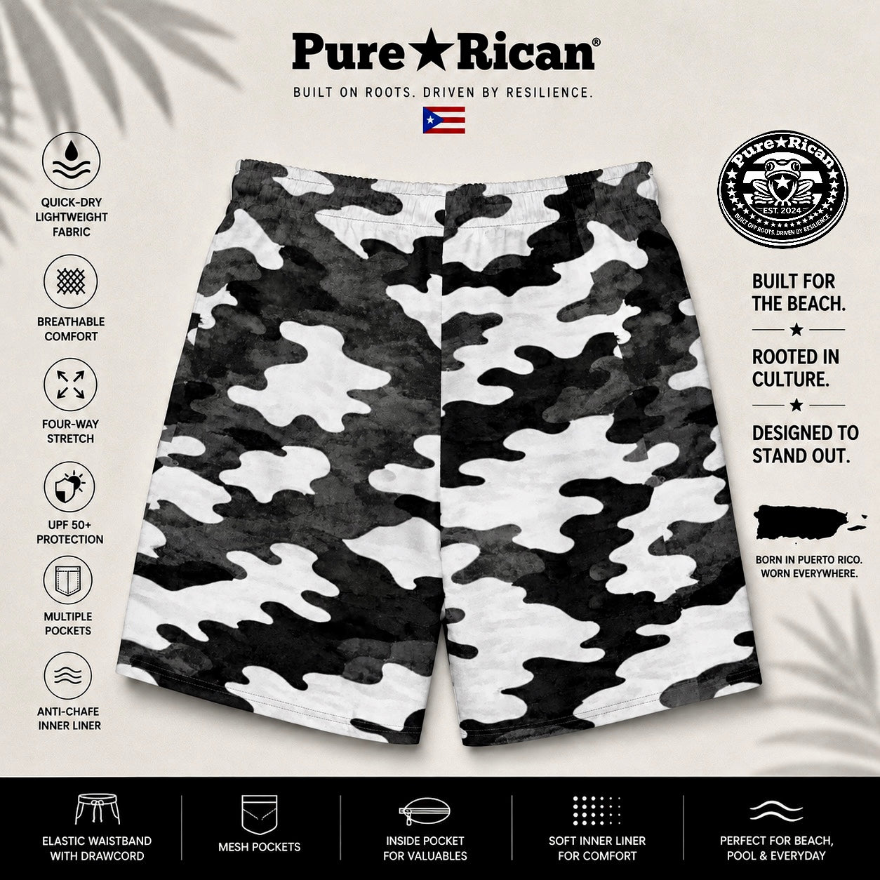 Back product image of the Pure⭐️Rican Black Camo Star Swim Shorts showcasing the full monochrome black-and-white camo print and relaxed athletic fit. Lightweight quick-dry swim trunks built for movement, comfort, and everyday summer style.