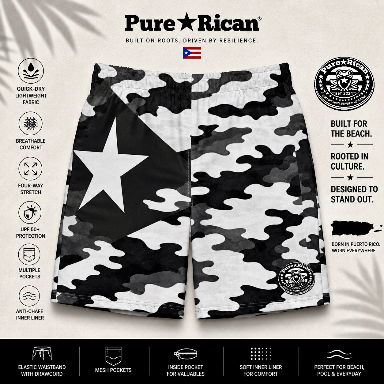 Front product image of the Pure⭐️Rican Black Camo Star Swim Shorts featuring a monochrome black-and-white camo pattern with a Puerto Rican-inspired star panel and signature Sapo Concho seal logo. Premium lightweight swim shorts designed for beach, pool, and everyday summer wear.