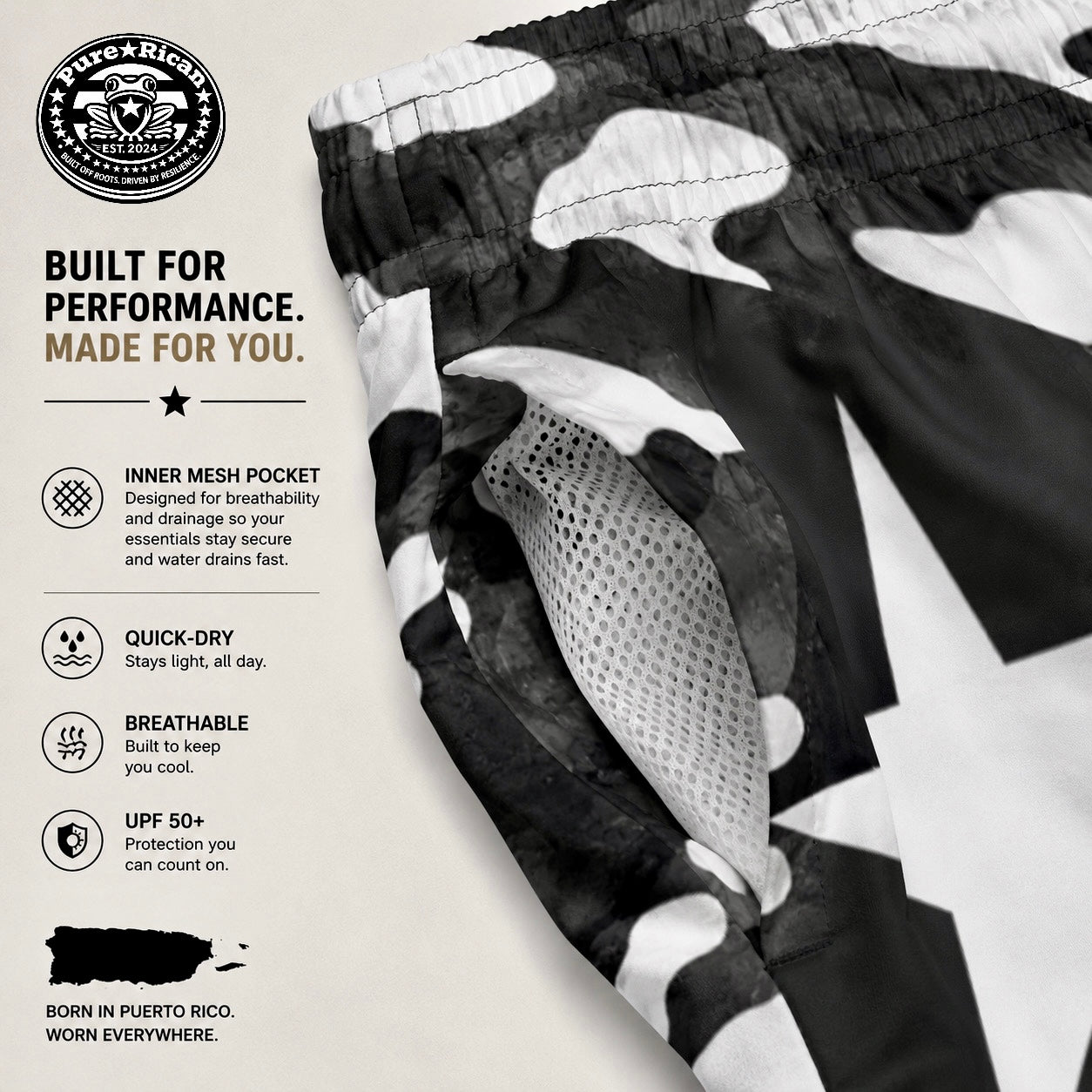 Close-up detail image of the Pure⭐️Rican Black Camo Star Swim Shorts showing the breathable inner mesh pocket construction and quick-dry performance fabric. Designed for airflow, drainage, and all-day beach comfort.