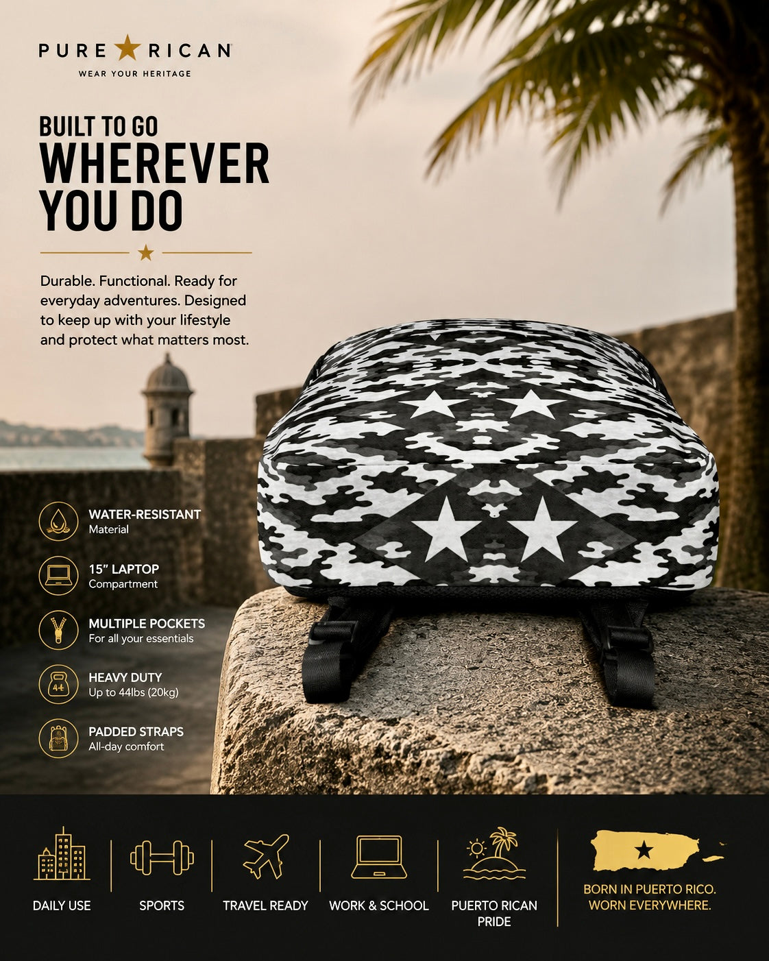 Bottom view detail of the Pure⭐️Rican Black Heritage Camo backpack highlighting durable construction and premium everyday design.