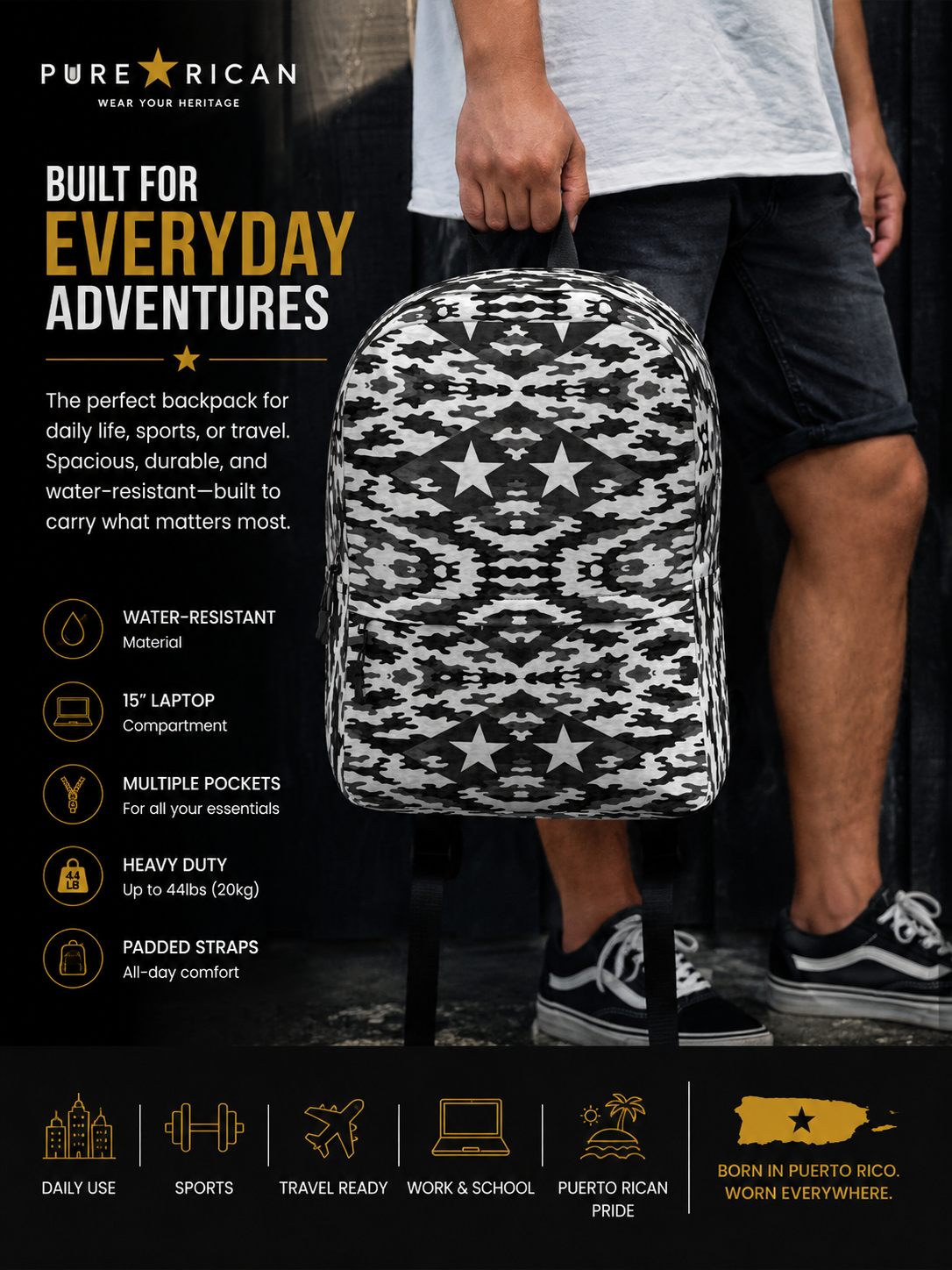 Lifestyle image of the Pure⭐️Rican Black Heritage Camo backpack carried by hand, highlighting versatility for travel, gym, work, and everyday use.
