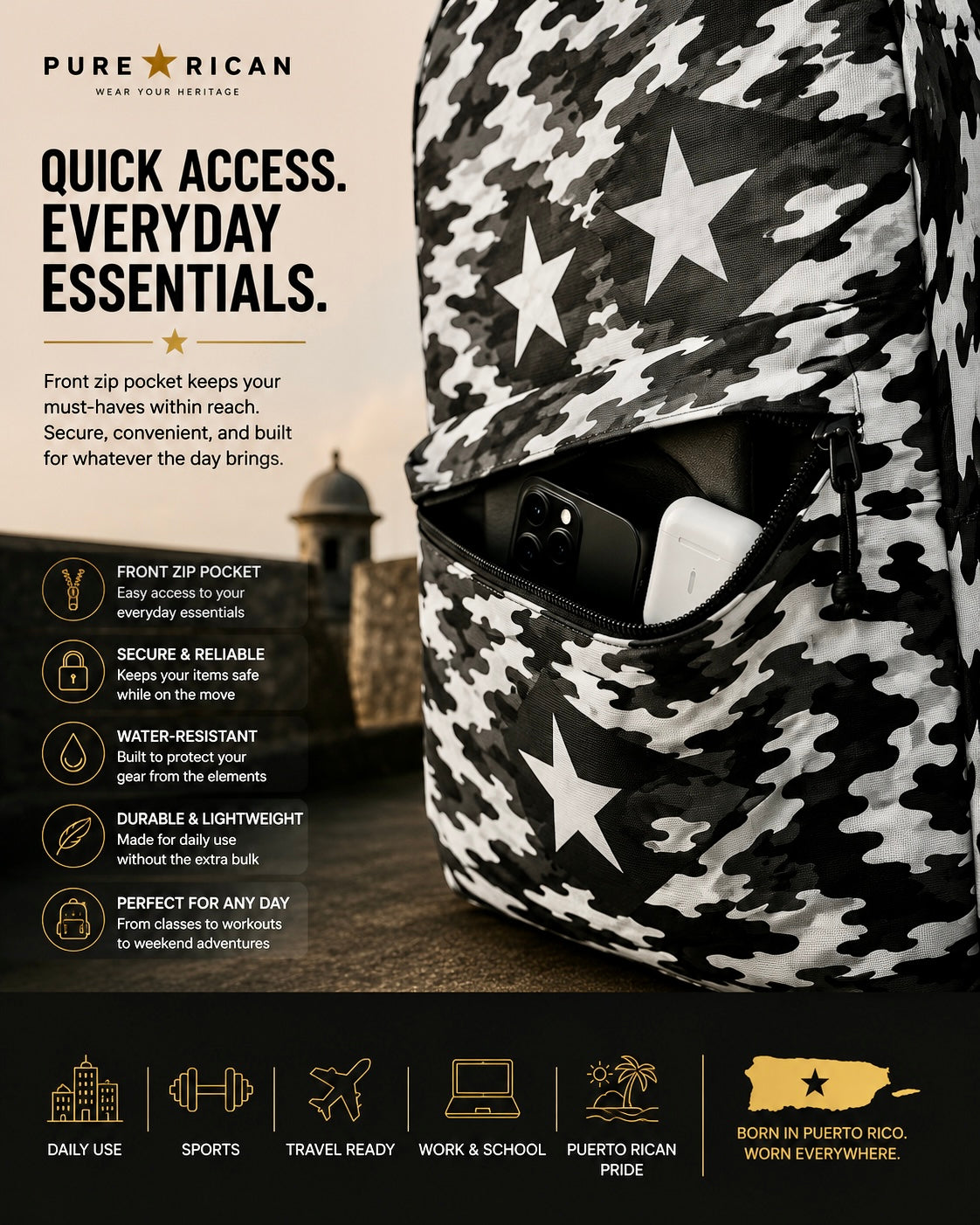 Close-up of the front zip pocket on the Pure⭐️Rican Black Heritage Camo backpack designed for quick access everyday essentials.