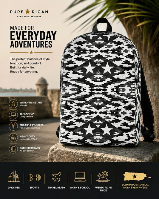 Front view of the Pure⭐️Rican Black Heritage Camo backpack featuring a Puerto Rican-inspired black camo pattern with star graphics, water-resistant material, and everyday travel-ready design.