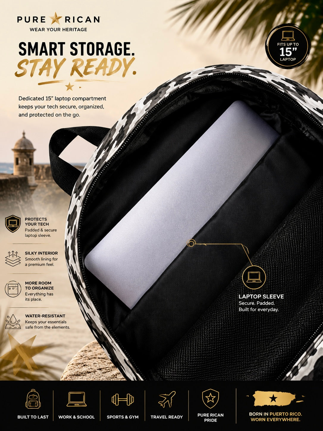 Interior view of the Pure⭐️Rican Black Heritage Camo backpack showing the dedicated padded 15-inch laptop sleeve and spacious interior storage.