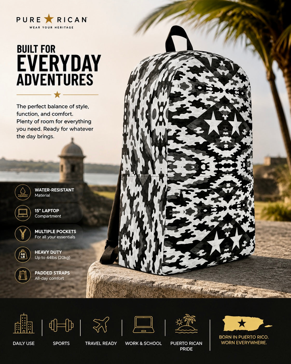 Angled side view of the Pure⭐️Rican Black Heritage Camo backpack showcasing premium construction, spacious storage, and Puerto Rican-inspired camo artwork.