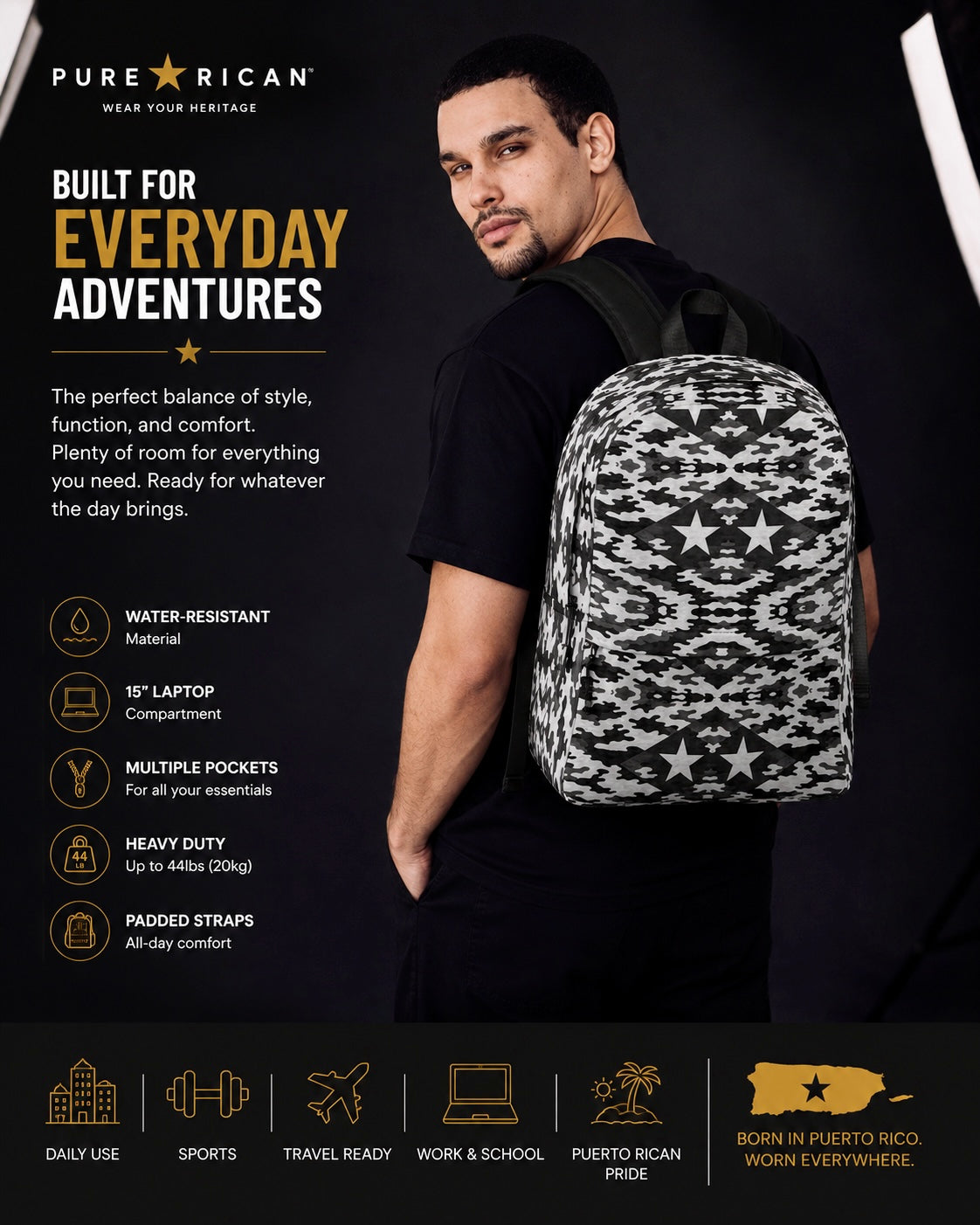 Lifestyle image of the Pure⭐️Rican Black Heritage Camo backpack worn by a model, showcasing Puerto Rican-inspired streetwear and everyday functionality.