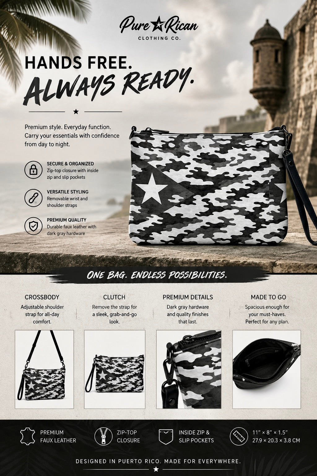 Angled side view of the Pure⭐️Rican Black Heritage Camo crossbody bag featuring Puerto Rican-inspired monochrome camo design and premium hardware.