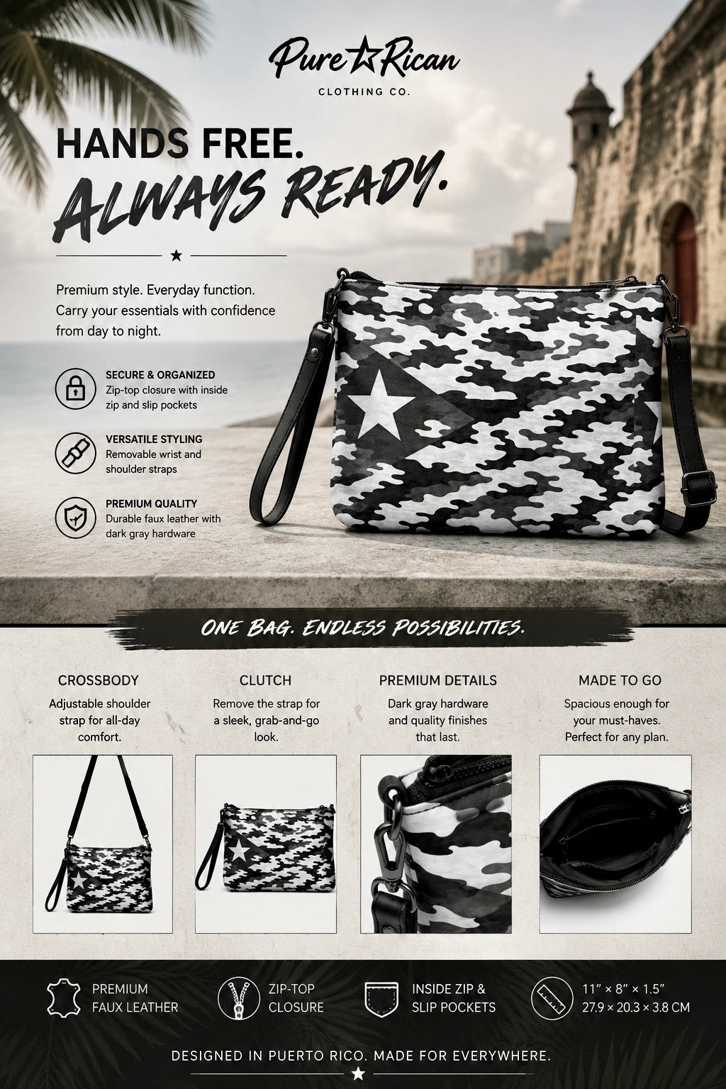Pure⭐️Rican Black Heritage Camo crossbody bag front view featuring Puerto Rican flag star design with premium faux leather and wrist strap.
