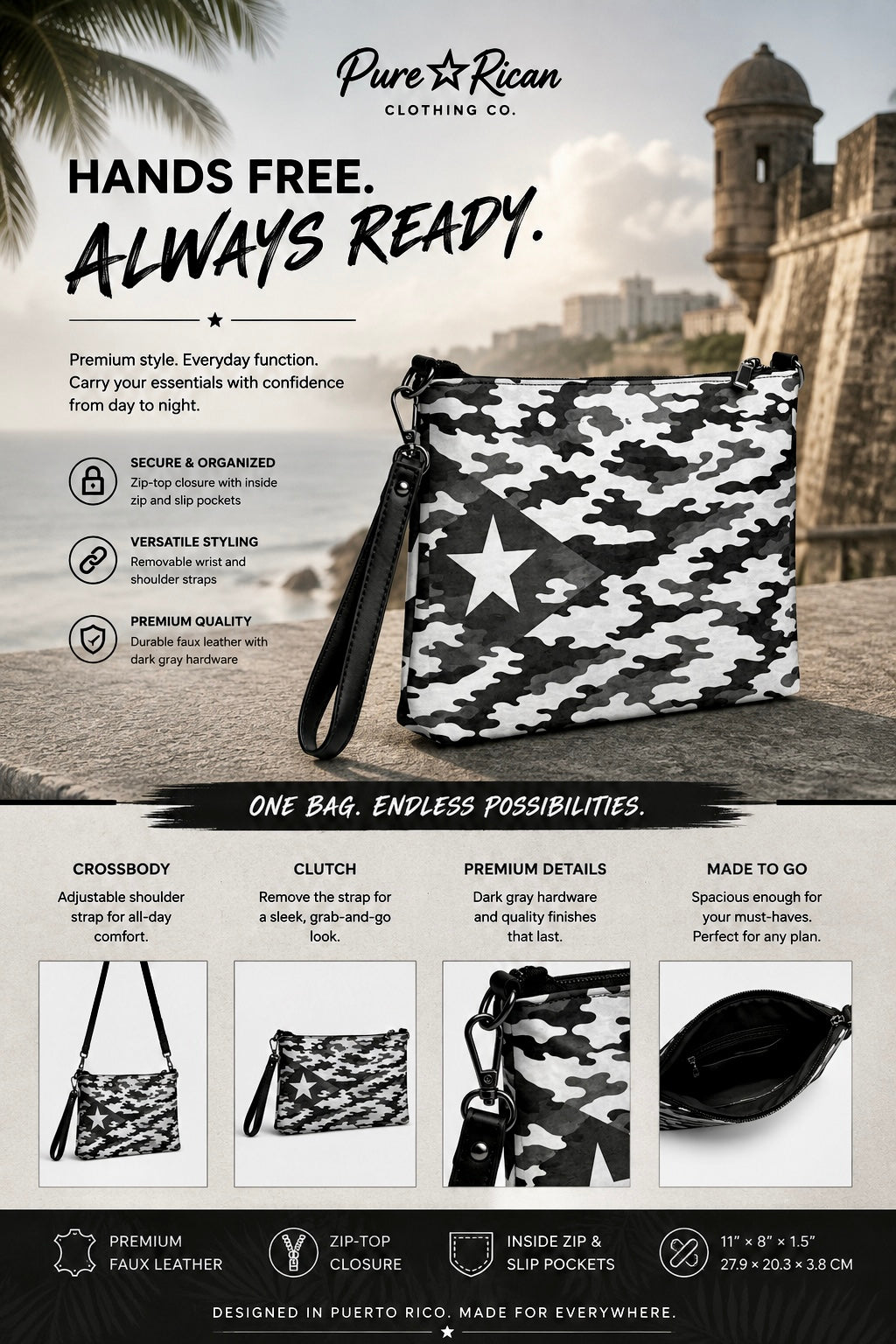 Interior view of the Pure⭐️Rican Black Heritage Camo crossbody bag showing zip pocket and organized storage compartments.