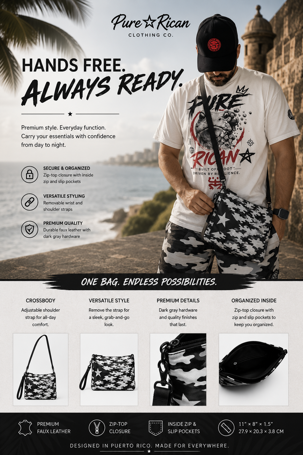 Lifestyle image of model wearing the Pure⭐️Rican Black Heritage Camo crossbody bag featuring Puerto Rican-inspired monochrome camo print.