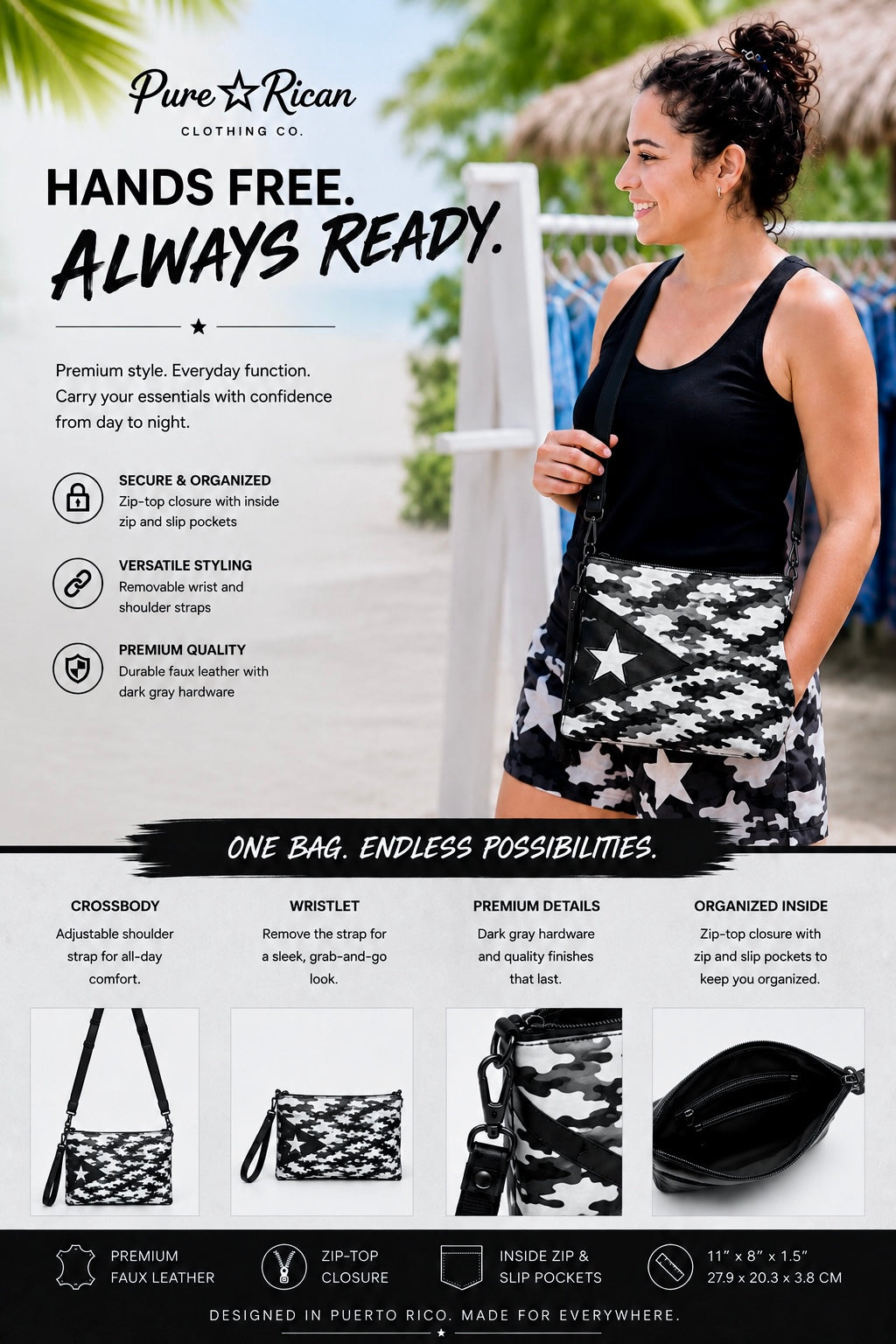 Lifestyle promotional image of a model wearing the Pure⭐️Rican Black Heritage Camo Crossbody Bag featuring Puerto Rican-inspired monochrome camo design, premium faux leather, adjustable strap, and tropical beach backdrop.