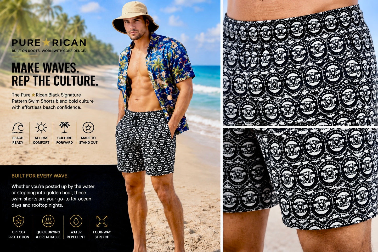 Male model wearing Pure⭐️Rican Black Signature Pattern Swim Shorts on the beach featuring signature black-and-white pattern, tropical beach setting, relaxed premium summer styling, and Puerto Rican-inspired swimwear design.