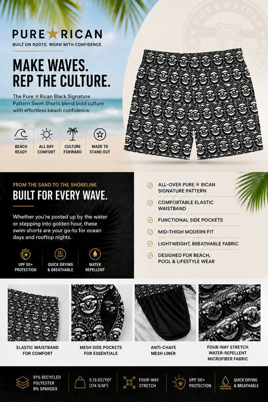 Pure⭐️Rican Black Signature Pattern Swim Shorts premium product feature image showcasing flat front view with signature black-and-white all-over pattern, breathable swim fabric, beach-ready lifestyle details, mesh pockets, anti-chafe liner, and quick-dry features.