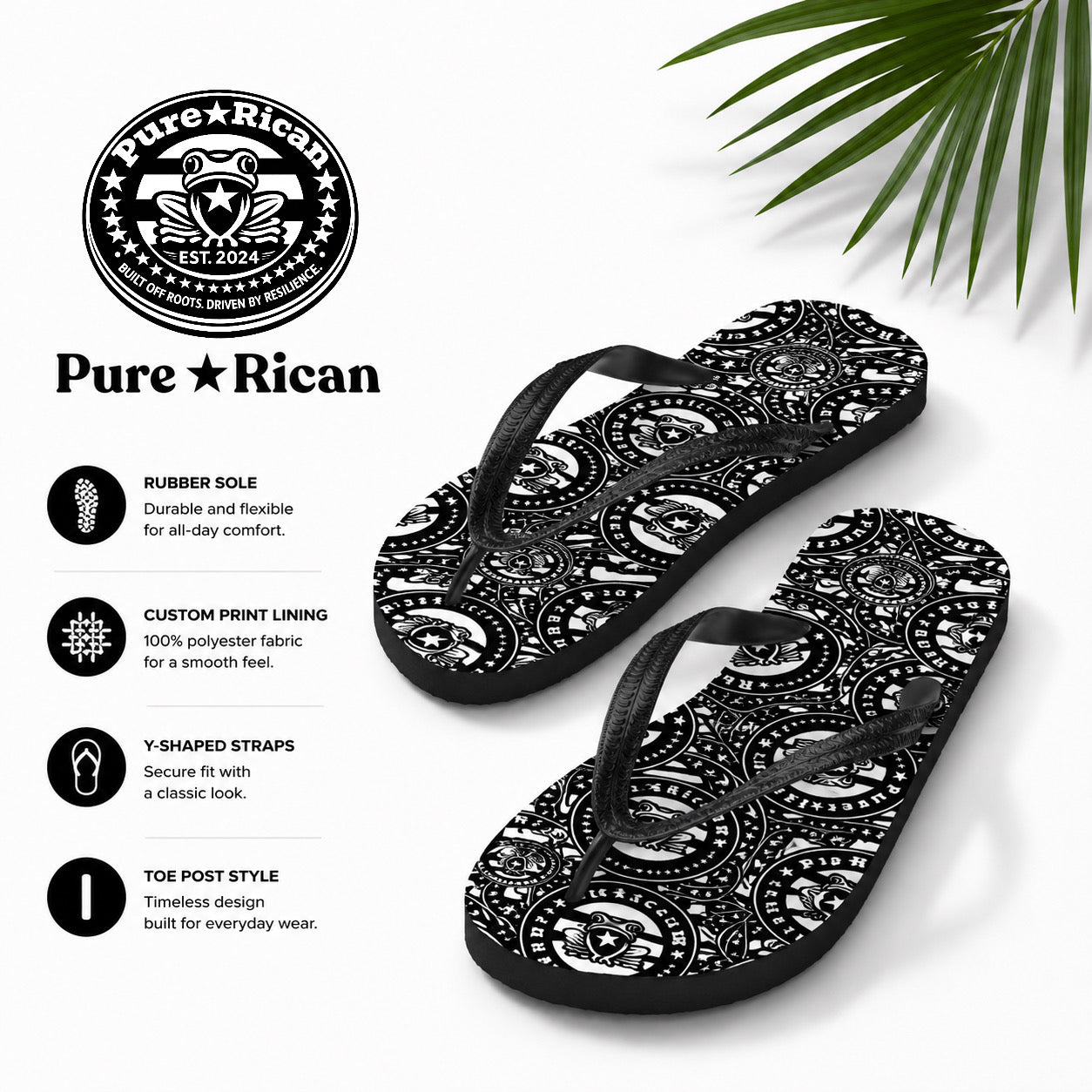 Front product view of Pure⭐️Rican black and white chanclas with signature coquí-inspired Puerto Rican heritage pattern.
