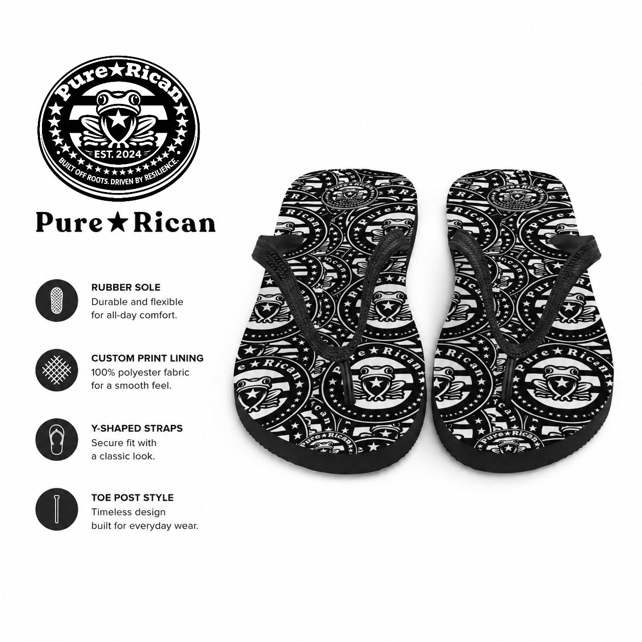 Front standing view of Pure⭐️Rican black and white flip flops with Puerto Rican coquí pattern and black straps.
