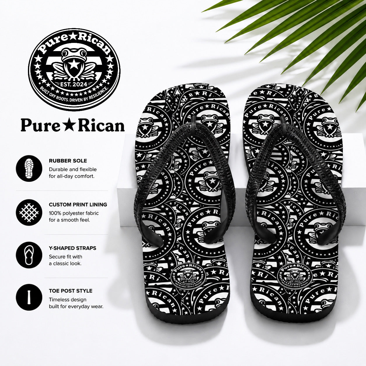 Minimal product feature image of Pure⭐️Rican black and white flip flops with black Y-shaped straps and coquí heritage print.