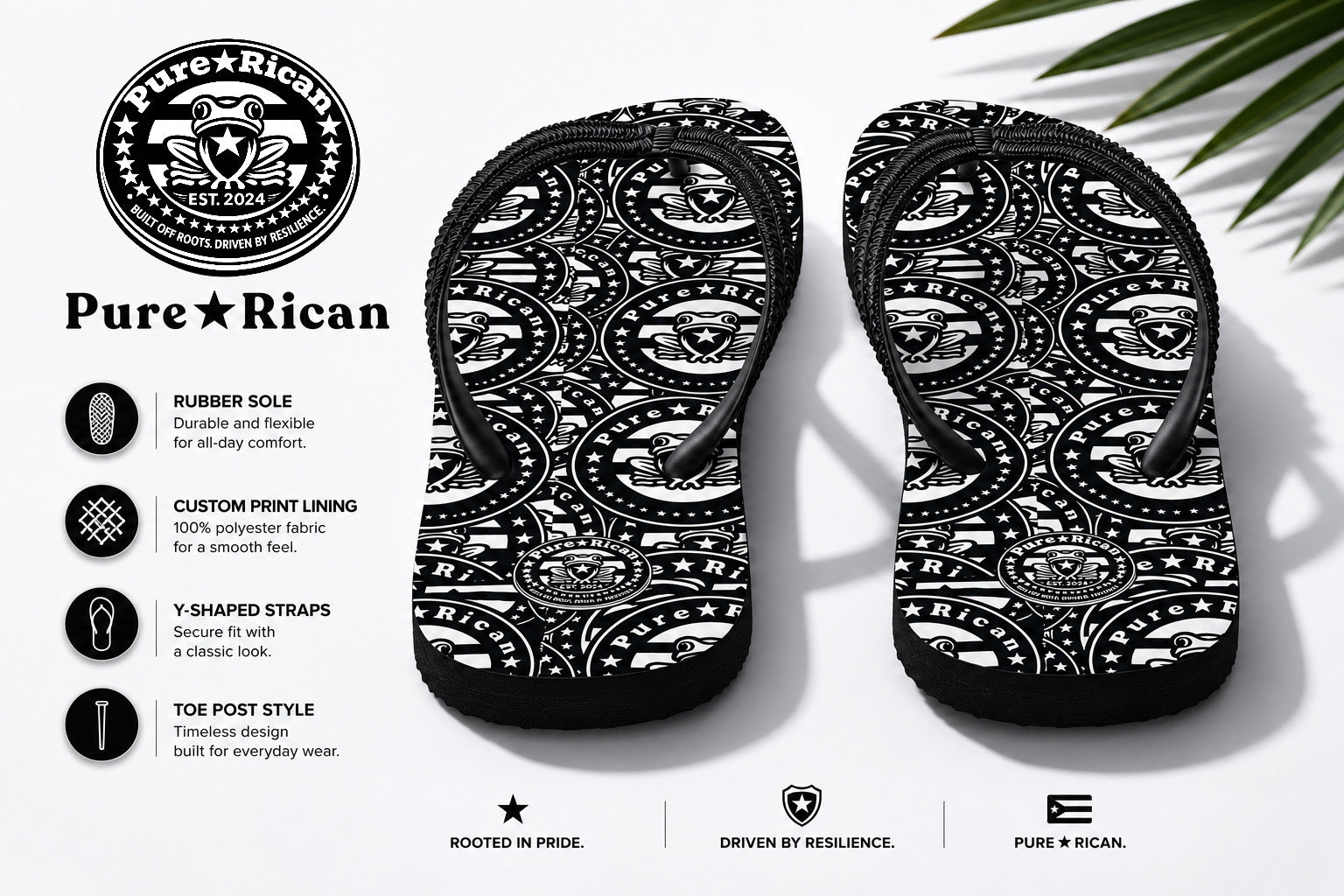Premium feature image of Pure⭐️Rican black and white chanclas highlighting comfort, durability, and Puerto Rican-inspired design.