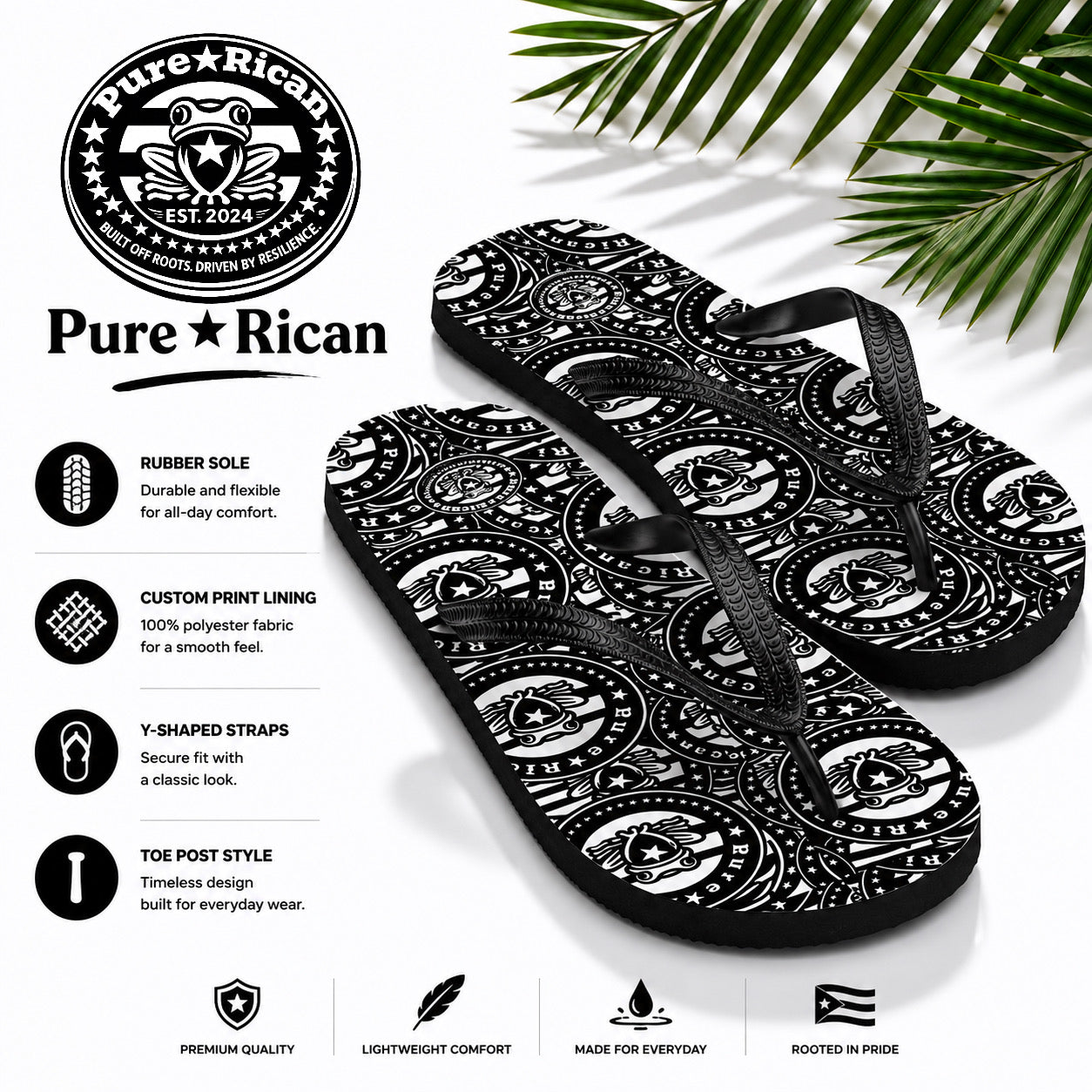 Angled product image of Pure⭐️Rican black and white flip flops featuring Puerto Rican-inspired coquí pattern and lightweight sandal design.