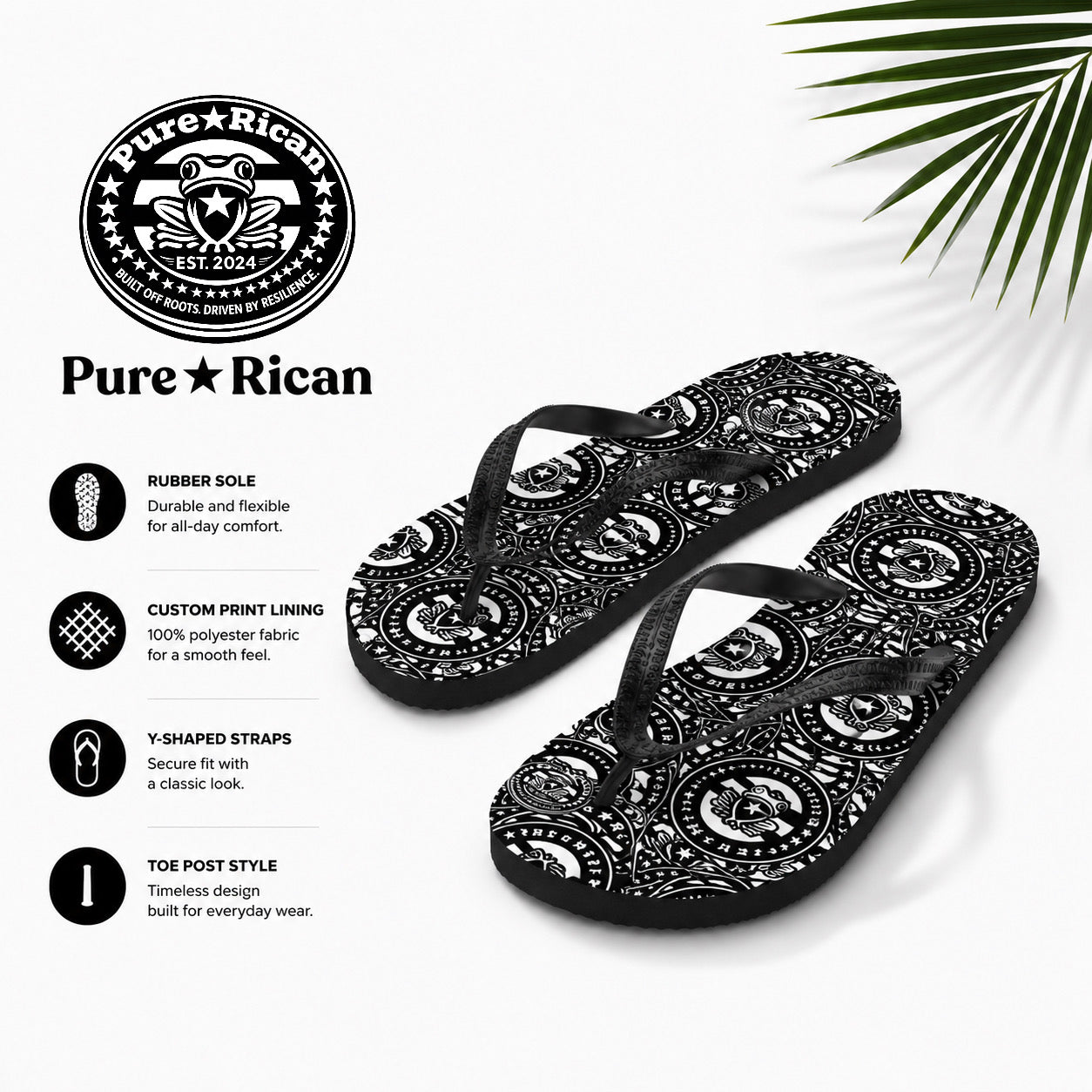 Pure⭐️Rican black and white heritage flip flops featuring a Puerto Rican coquí-inspired pattern with black Y-shaped straps and product feature details.