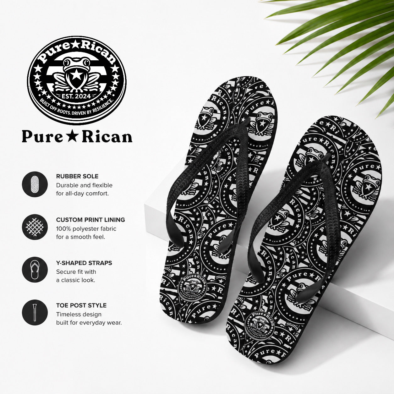 Elevated view of Pure⭐️Rican black and white flip flops with black straps and Puerto Rican coquí heritage-inspired pattern.