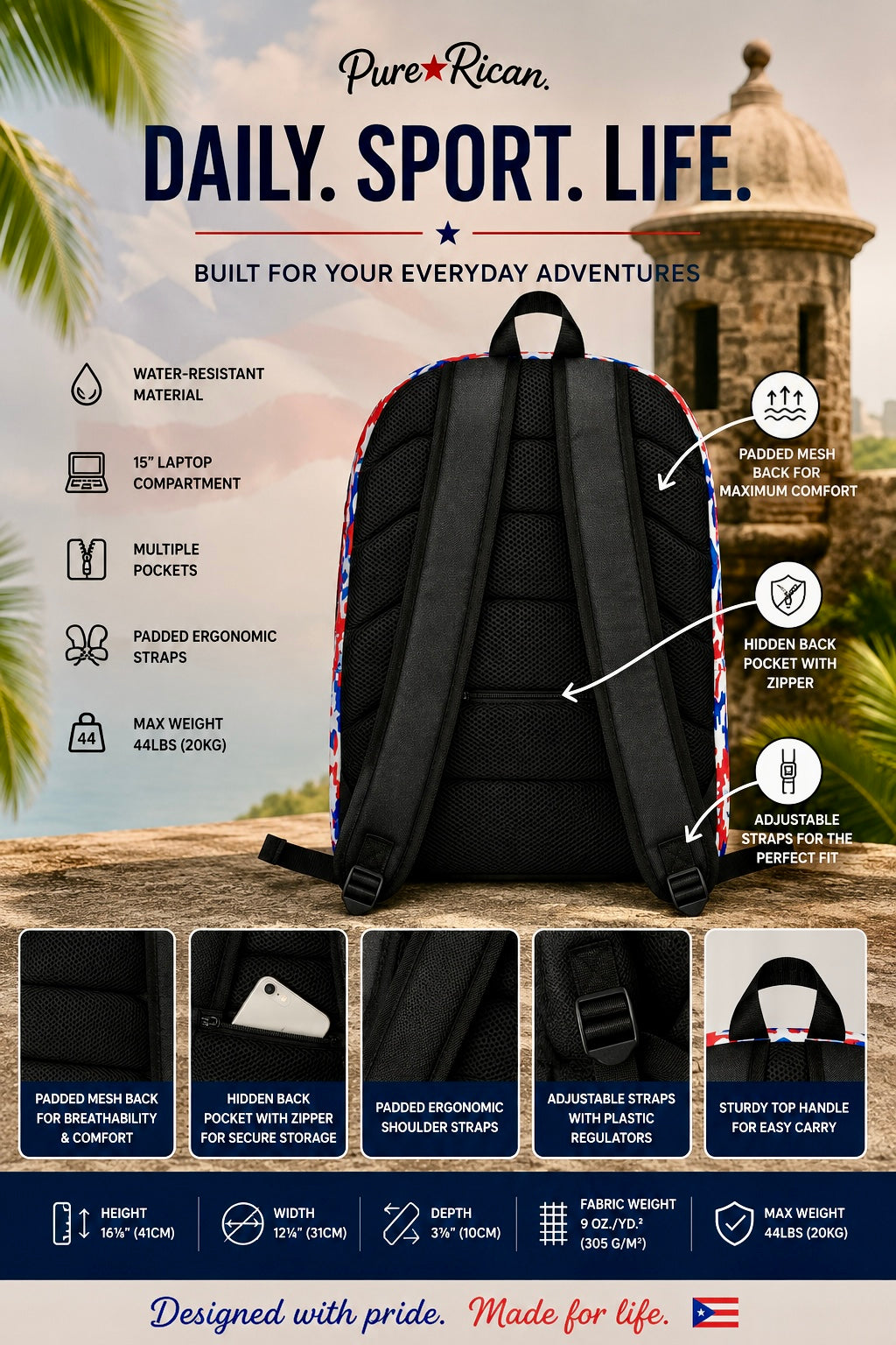 Back view of the Pure⭐️Rican Boricua Flag Camo backpack showing padded mesh back and ergonomic adjustable straps. 