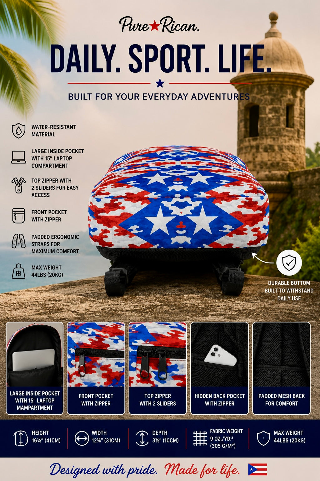 Bottom view of the Pure⭐️Rican Boricua Flag Camo backpack featuring durable reinforced black base, Puerto Rican inspired camo print, water-resistant material, and everyday travel durability.