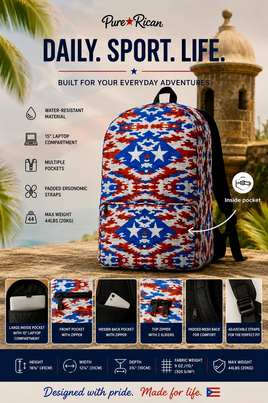 Front view of the Pure⭐️Rican Boricua Flag Camo backpack with Puerto Rican inspired red, white, and blue camo pattern.