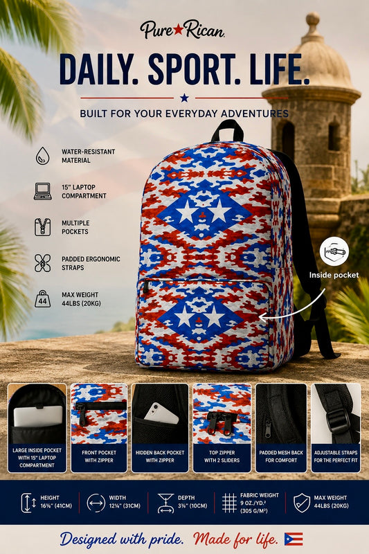 Front view of the Pure⭐️Rican Boricua Flag Camo backpack with Puerto Rican inspired red, white, and blue camo pattern.