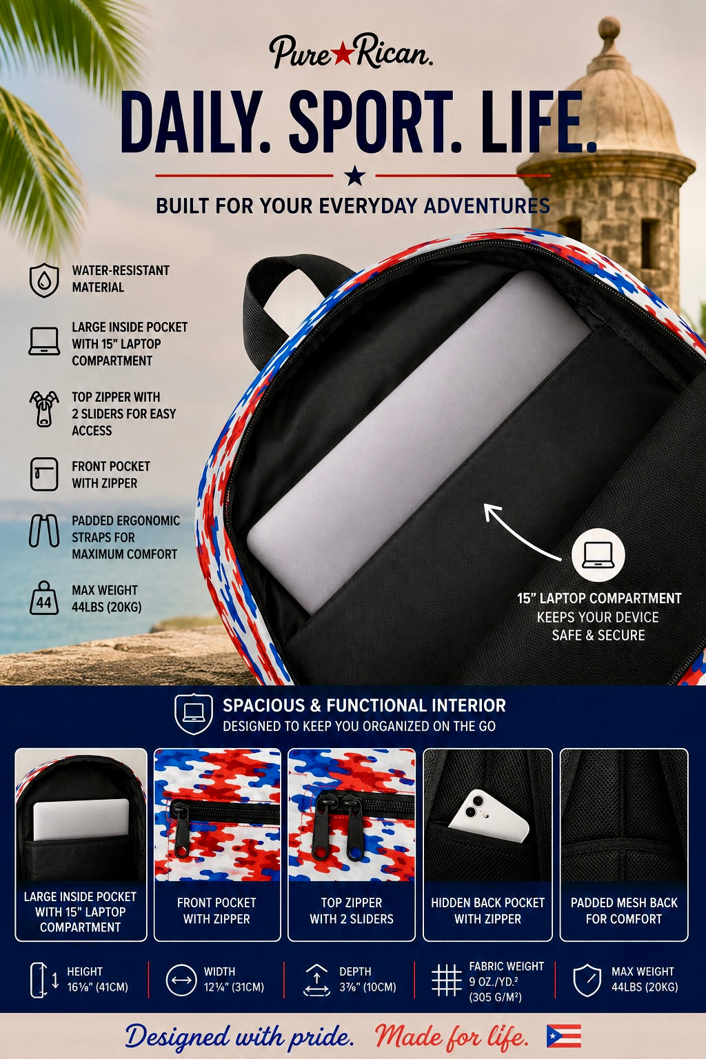 Inside view of the Pure⭐️Rican Boricua Flag Camo backpack showing spacious laptop compartment and storage pocket.