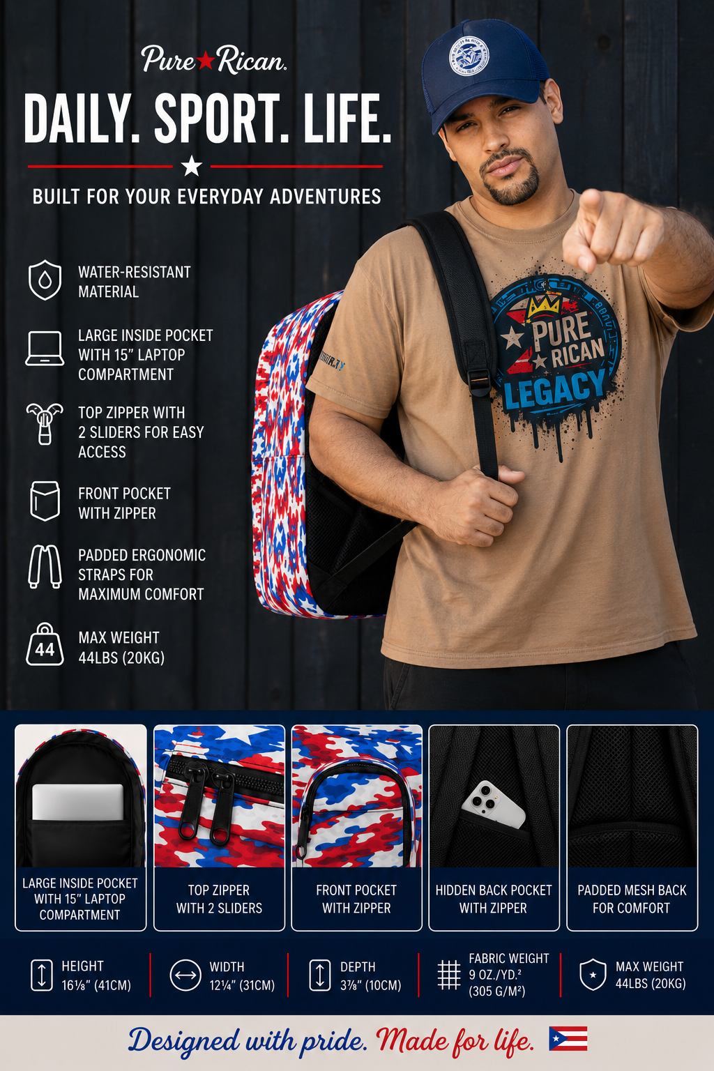 Male model wearing the Pure⭐️Rican Boricua Flag Camo backpack featuring Puerto Rican inspired camo print, padded ergonomic straps, laptop compartment, and everyday travel’s. 