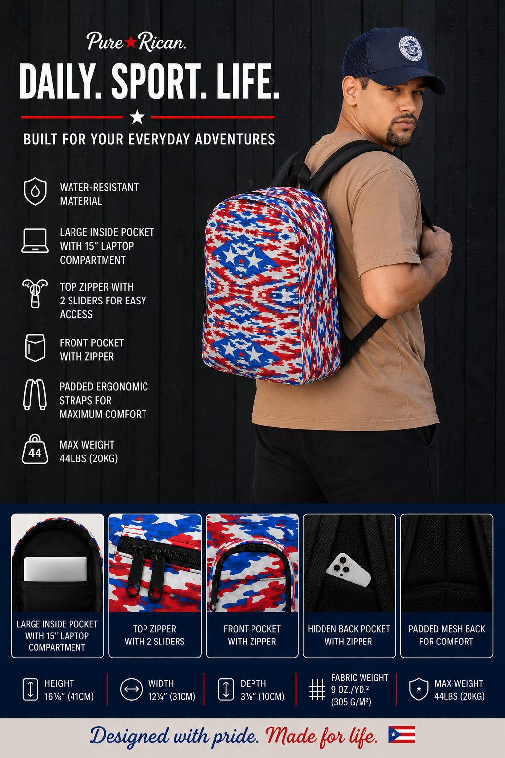 Male model wearing the Pure⭐️Rican Boricua Flag Camo backpack featuring Puerto Rican inspired camo print for travel, gym, and everyday use.