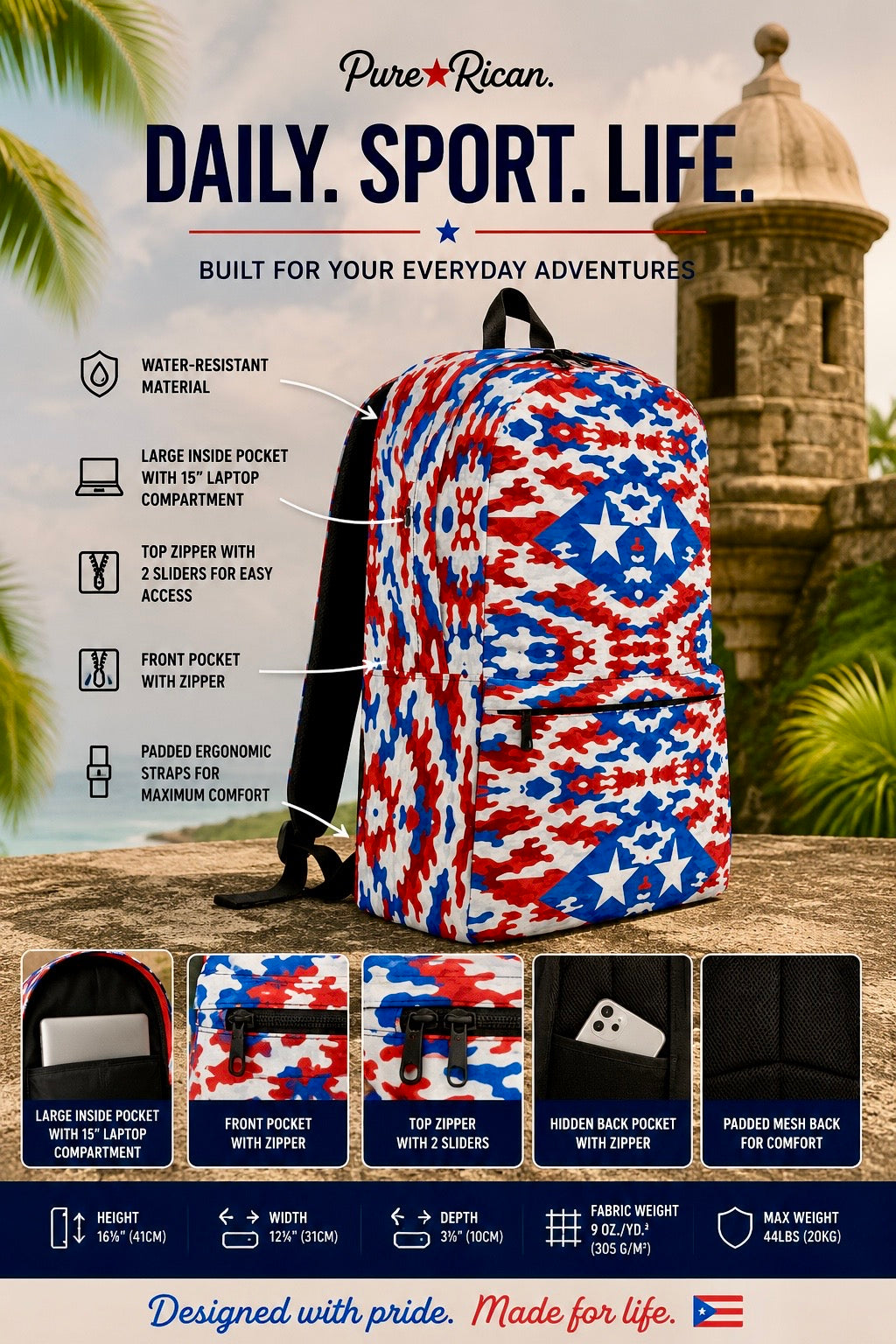 Side angle view of the Pure⭐️Rican Boricua Flag Camo backpack showcasing Puerto Rican inspired red, white, and blue camo pattern, spacious design, front zipper pocket, and ergonomic straps.