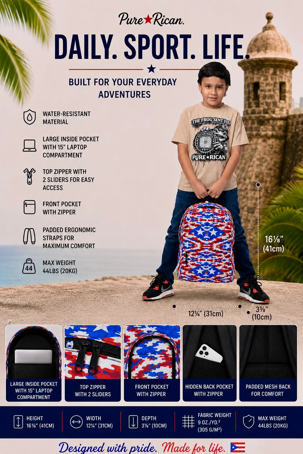 Young model holding the Pure⭐️Rican Boricua Flag Camo backpack featuring Puerto Rican inspired red, white, and blue camo print, laptop compartment, water-resistant material, and ergonomic everyday design. 