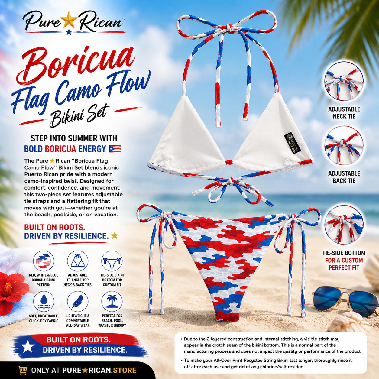 Back view of the Pure⭐️Rican Boricua Flag Camo Flow Bikini Set featuring adjustable neck ties, back tie detail, Puerto Rican flag camo print, and premium tropical product display.