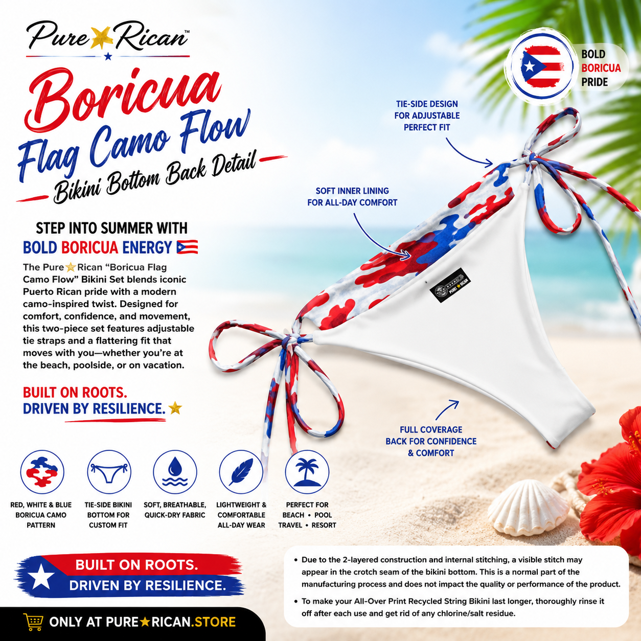 Close-up back detail of the Pure⭐️Rican Boricua Flag Camo Flow Bikini bottom featuring tie-side design, soft inner lining, and Puerto Rican flag camo swimwear detail.
