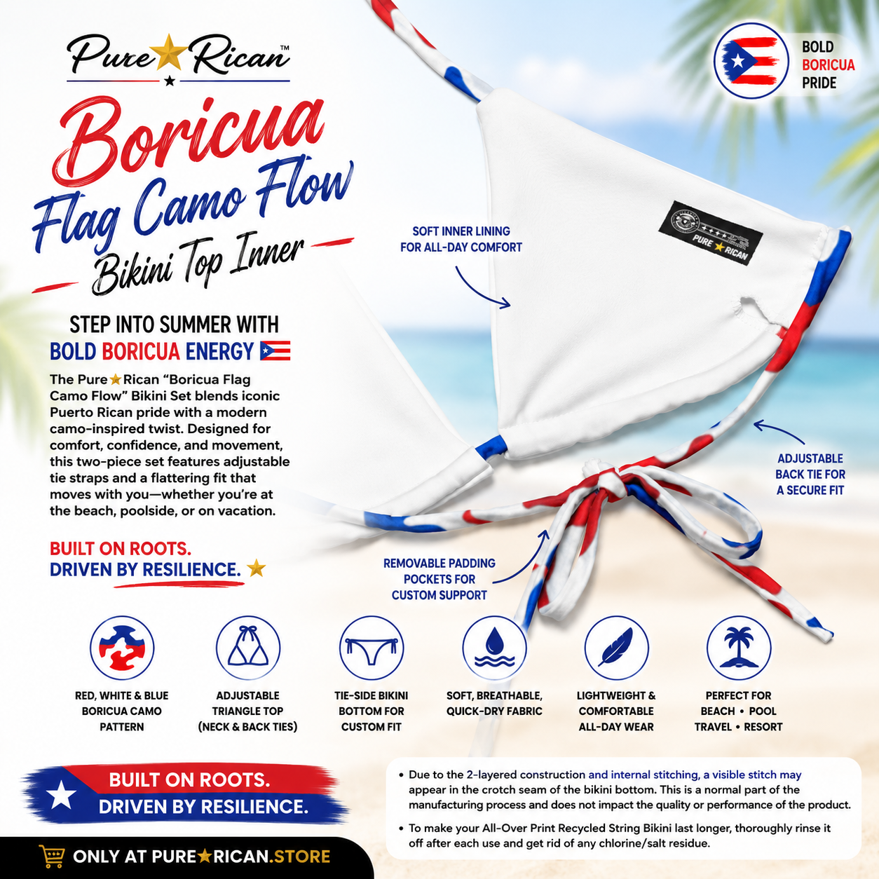 Close-up inner detail of the Pure⭐️Rican Boricua Flag Camo Flow Bikini top featuring soft inner lining, adjustable tie straps, and premium swimwear comfort details.