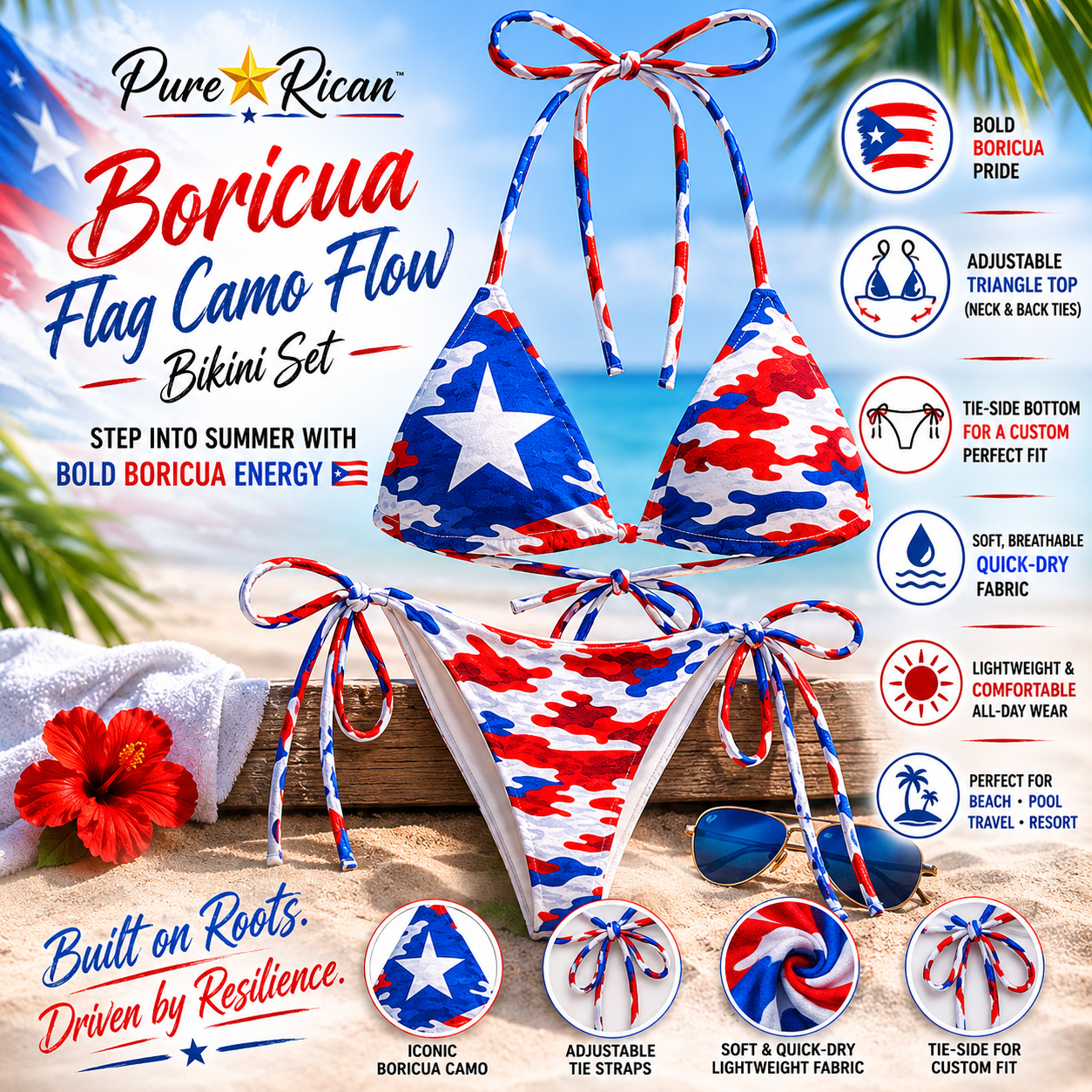 Pure⭐️Rican Boricua Flag Camo Flow Bikini Set front view featuring Puerto Rican flag camo design, adjustable triangle bikini top, tie-side bikini bottom, tropical beach premium complementary product display.