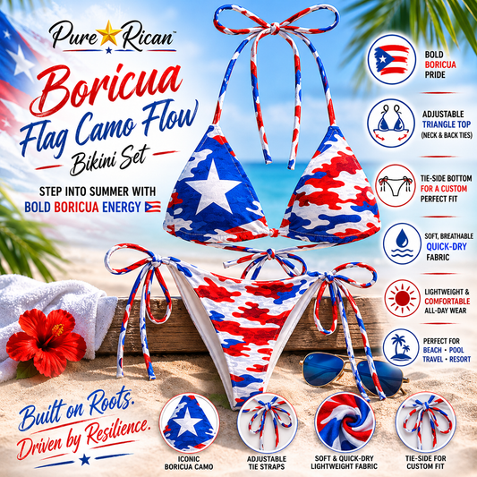Pure⭐️Rican Boricua Flag Camo Flow Bikini Set front view featuring Puerto Rican flag camo design, adjustable triangle bikini top, tie-side bikini bottom, tropical beach premium complementary product display.
