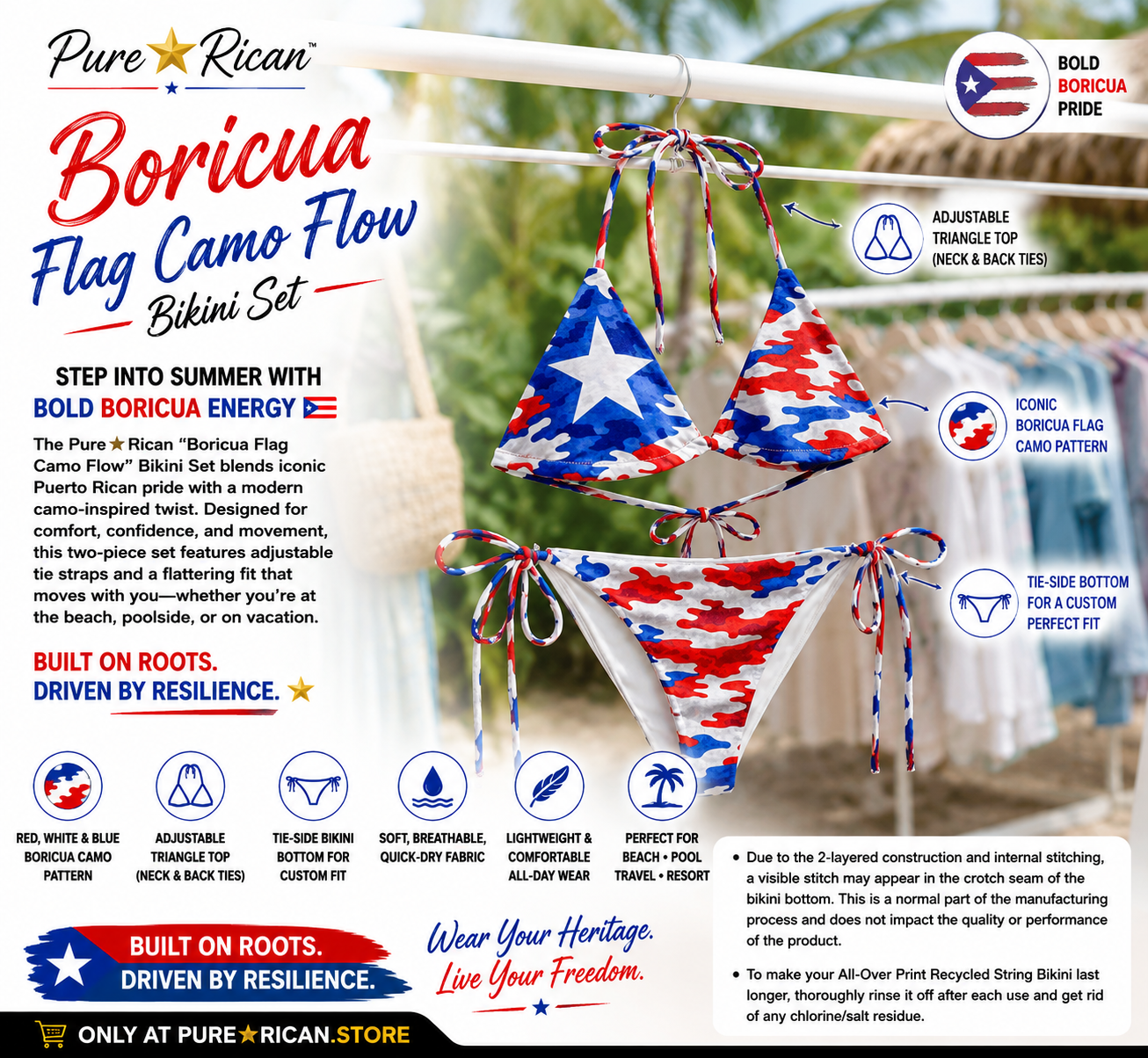 Pure⭐️Rican Boricua Flag Camo Flow Bikini Set hanging display featuring Puerto Rican flag-inspired camo pattern, adjustable triangle bikini top, tie-side bikini bottom, soft breathable quick-dry fabric, and tropical resort-style premium product presentation.