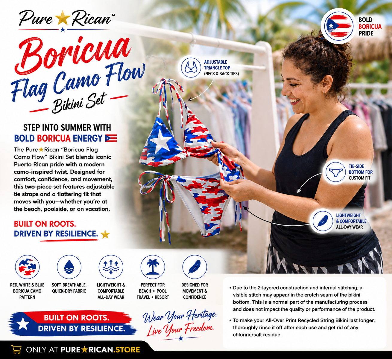 Model holding the Pure⭐️Rican Boricua Flag Camo Flow Bikini Set in a tropical lifestyle setting, featuring Puerto Rican flag camo artwork, adjustable triangle top, tie-side bikini bottom, quick-dry fabric, and bold Boricua pride