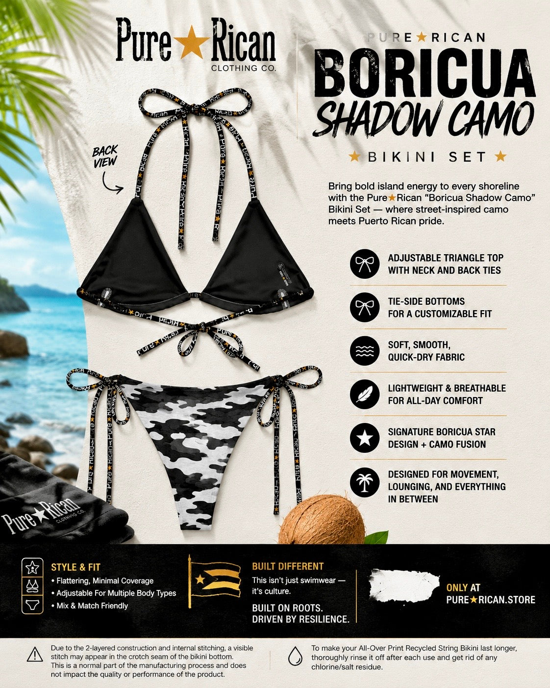 Back view of the Pure⭐️Rican Boricua Shadow Camo Bikini Set showing adjustable neck and back ties, black inner lining, and tie-side bikini bottom design.