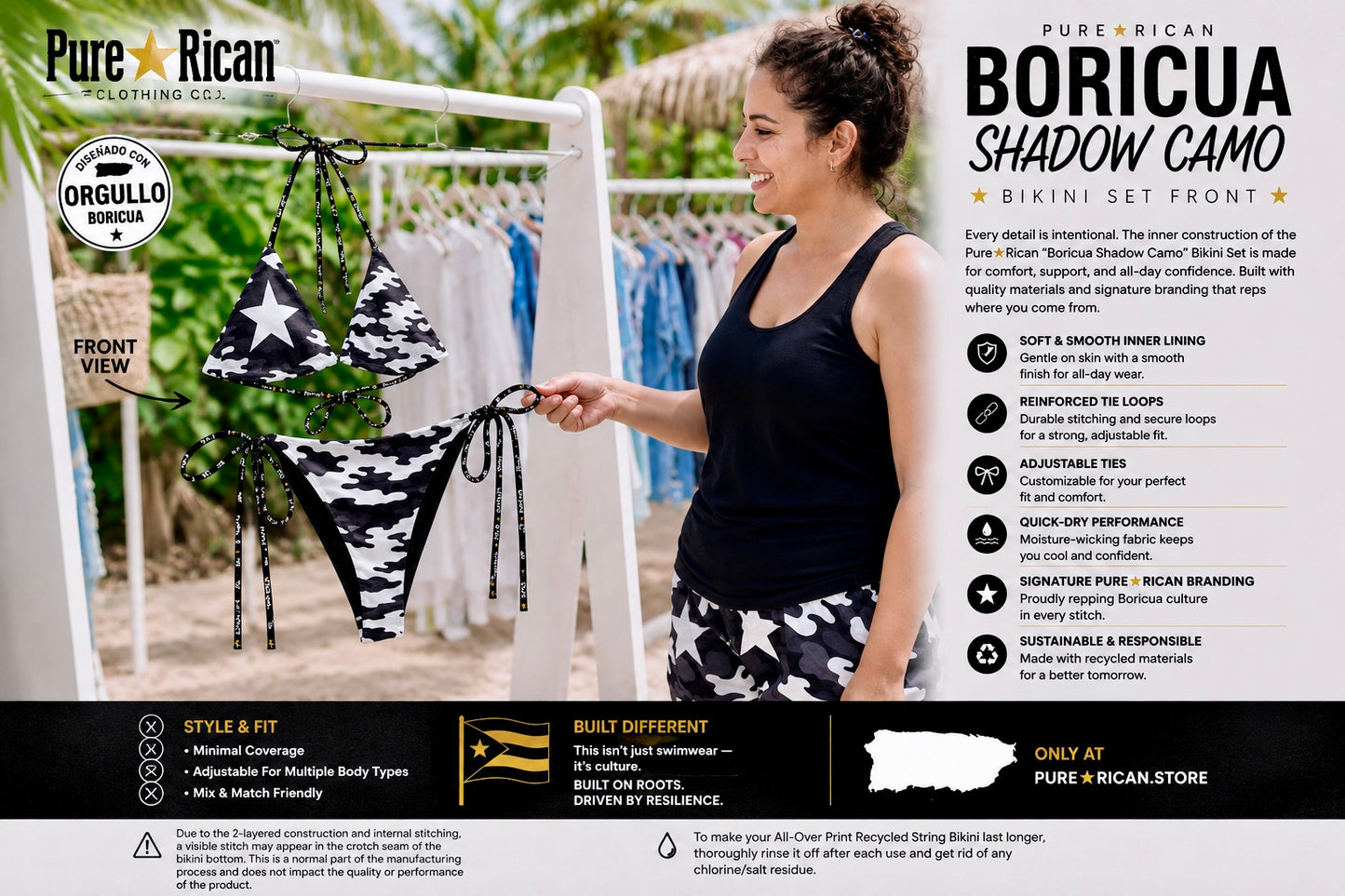 Woman showcasing the Pure⭐️Rican Boricua Shadow Camo Bikini Set in a tropical setting with front-facing bikini display and Puerto Rican-inspired camouflage design.