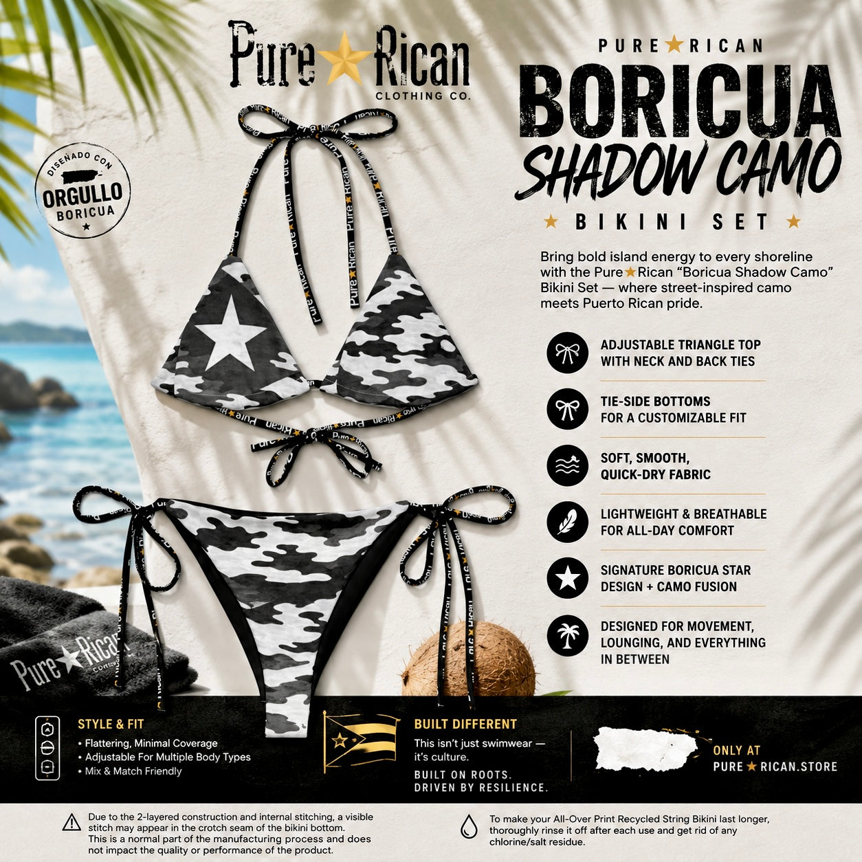 Front view of the Pure⭐️Rican Boricua Shadow Camo Bikini Set featuring black-and-white camouflage print, Puerto Rican star detail, adjustable triangle bikini top, and tie-side bikini bottoms.